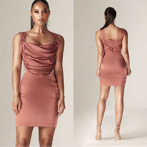 NWT Alieva Nilah Satin Mini Dusty Pink Dress Draped Size S - Picture 1 of 14
